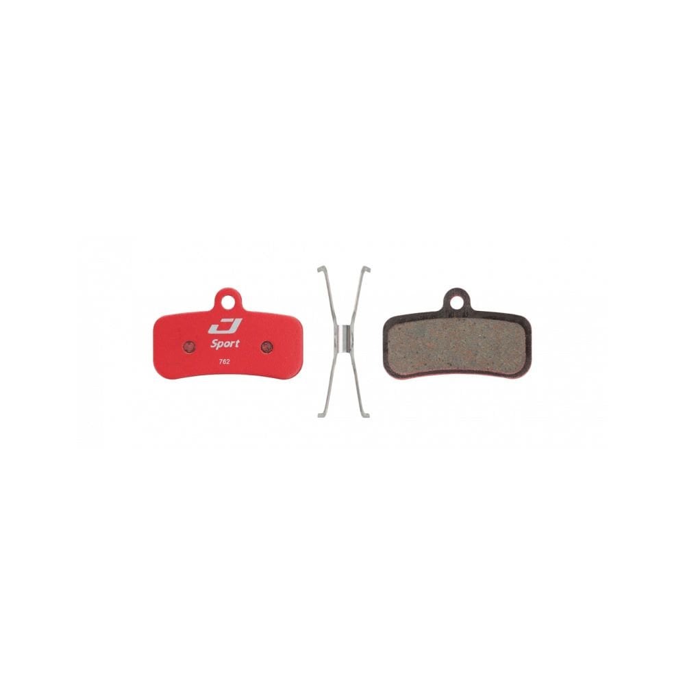 Jagwire Sport semi-metallic disc brake pads for Shimano and RideRever mountain bike components, showing the brake pad design.