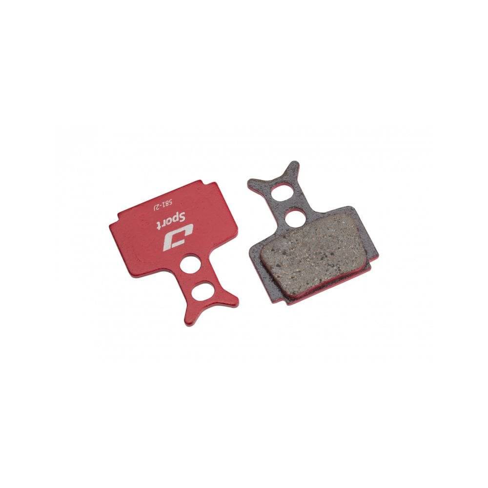 Jagwire Sport semi-metallic disc brake pads for Formula Cura and R1R mountain bike brake systems, showing the brake pad components.