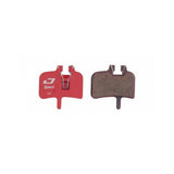 Jagwire Sport semi-metallic disc brake pads for Hayes HFX Red Series mountain bike components, shown with metal backing and brake surface