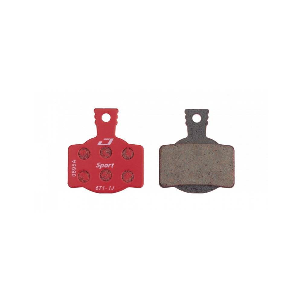 Jagwire Sport semi-metallic disc brake pads for Magura MT8 series bikes, close-up of brake pad components.