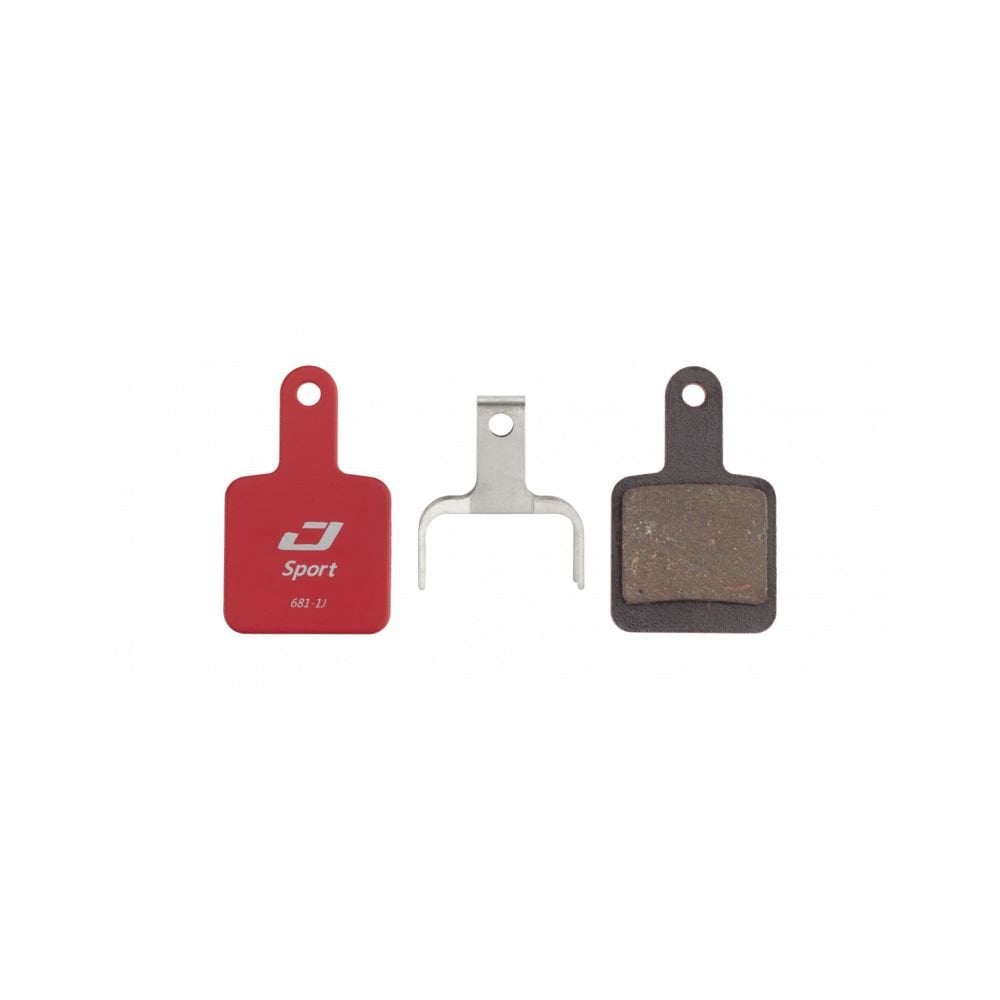 Jagwire Sport semi-metallic disc brake pads for Tektro Volans and Auriga E-SUB bikes, shown with metal backing and friction material.