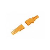 Jagwire yellow disc brake pad spacer and bleed block for hydraulic bike brake maintenance, workshop tool for disc brake servicing.