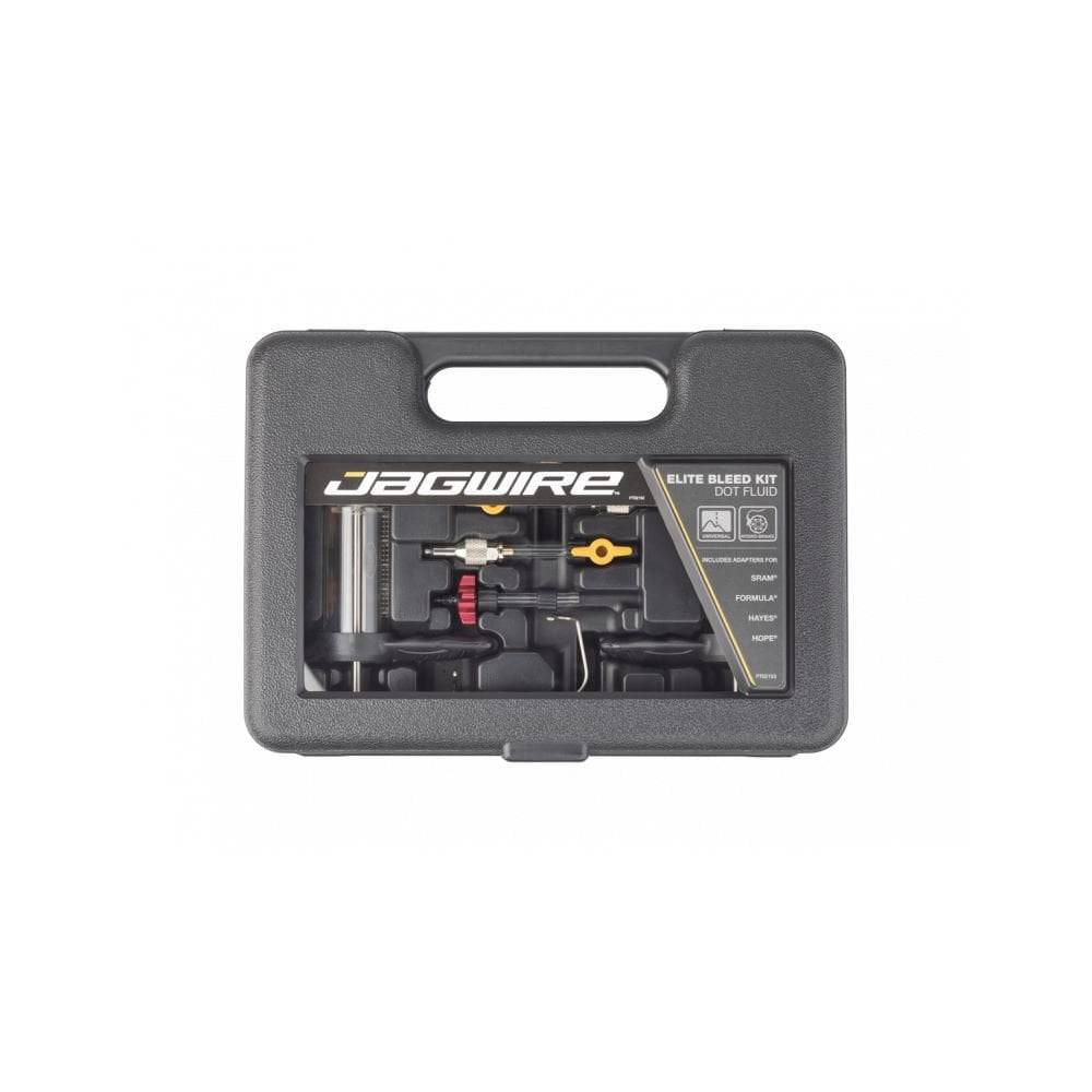 Jagwire Elite DOT bleed kit for hydraulic disc brakes in a black deluxe case, ideal for workshop use with hydraulic brake systems.