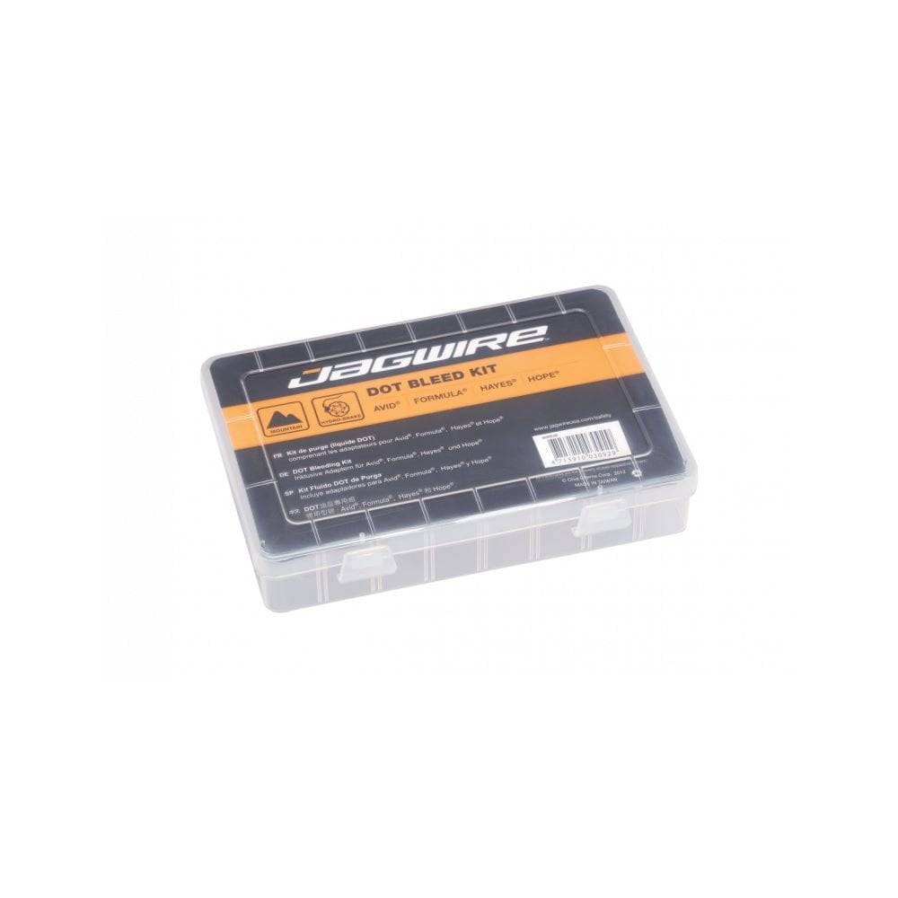Jagwire Pro DOT Hydraulic Brake Bleed Kit in black for Avid and SRAM disc brake maintenance, with workshop tools and components.