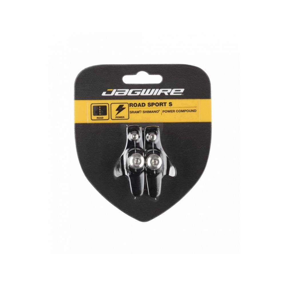 Jagwire Road Sport S brake pads for SRAM, Shimano, and Campagnolo caliper brakes, close-up of the high-performance components.