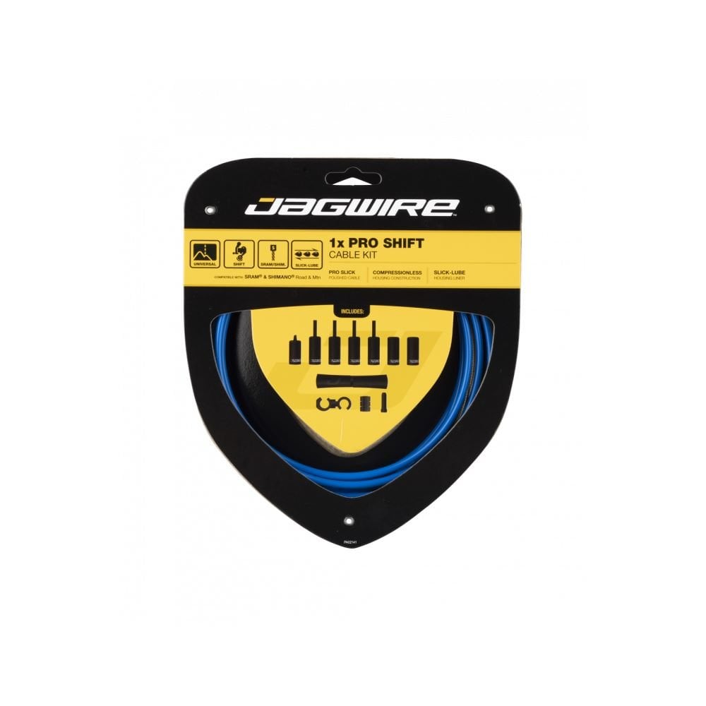 Jagwire Pro Shift Kit 1X cables for rear derailleurs and internal gears on road and MTB bikes, showing cables and housing.