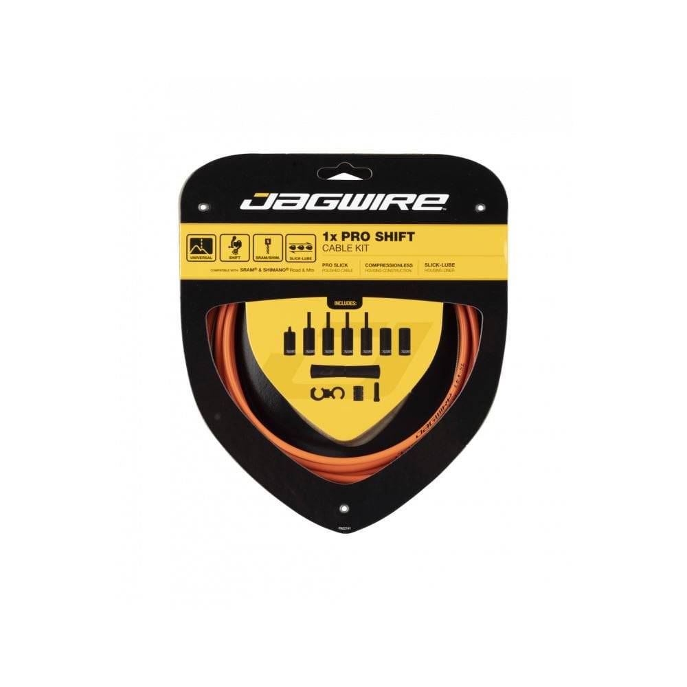 Jagwire Pro Shift Kit 1X cables for rear derailleurs and internal gears on road and MTB bikes, showing cables and connectors.
