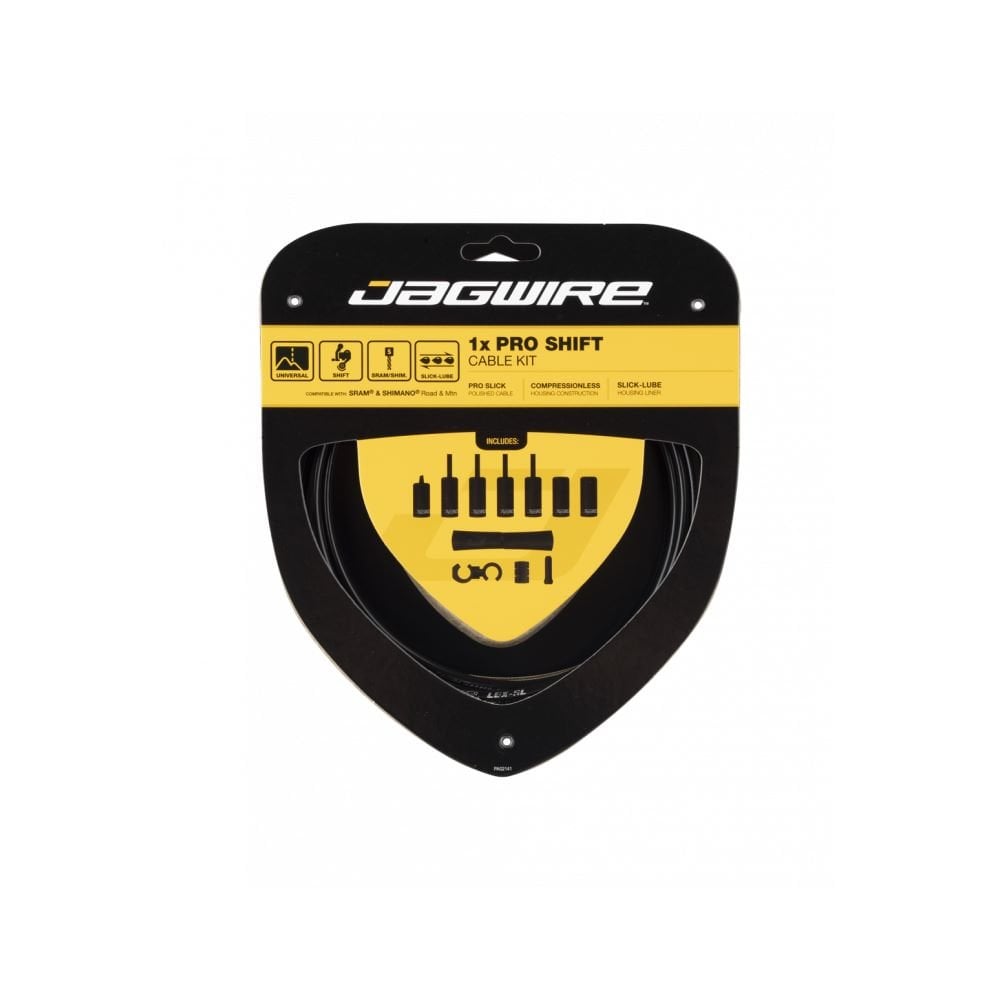 Jagwire Pro Shift Kit 1X cables for rear derailleurs and internal gears on road and mountain bikes, showing cable and housing components.