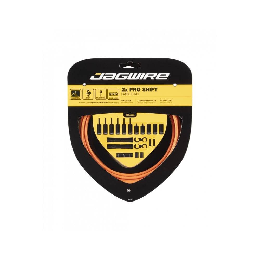 Jagwire Pro Shift Kit 2X cables for road and mountain bike derailleurs, featuring smooth shifting components.