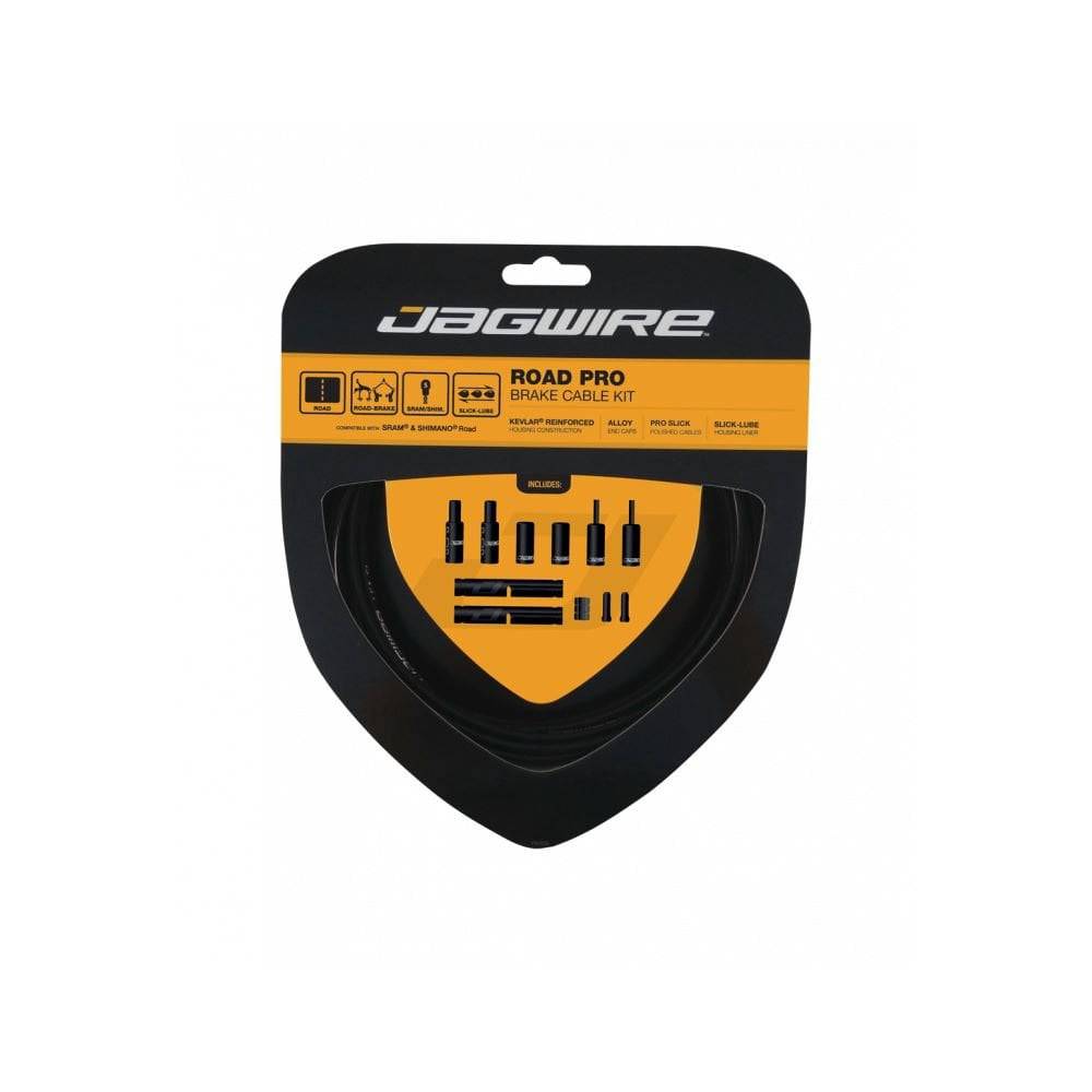 Jagwire Road Pro brake kit with Kevlar housing for mechanical bike brakes, featuring cables and components for road cycling.