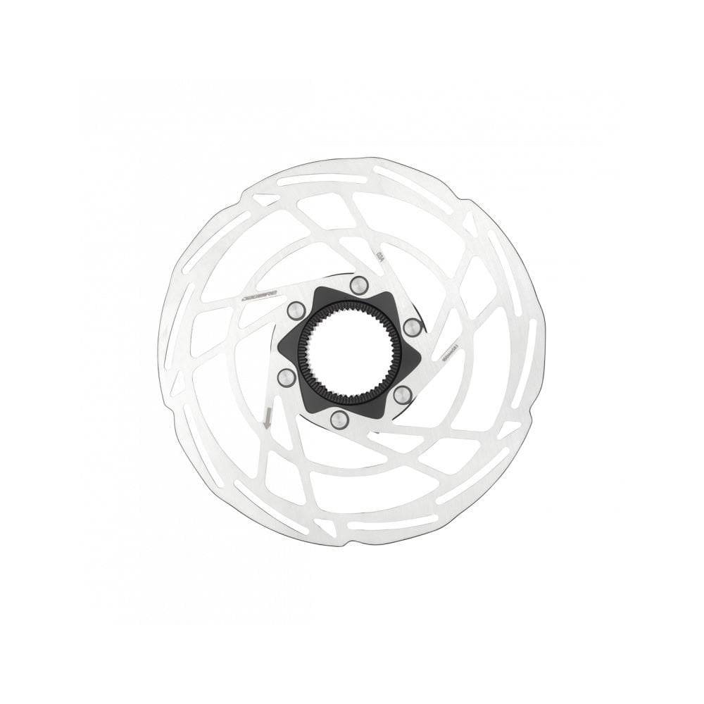 Jagwire Sport SR1 centerlock disc brake rotor for bicycles, showcasing the silver metal rotor with detailed fins and mounting holes.