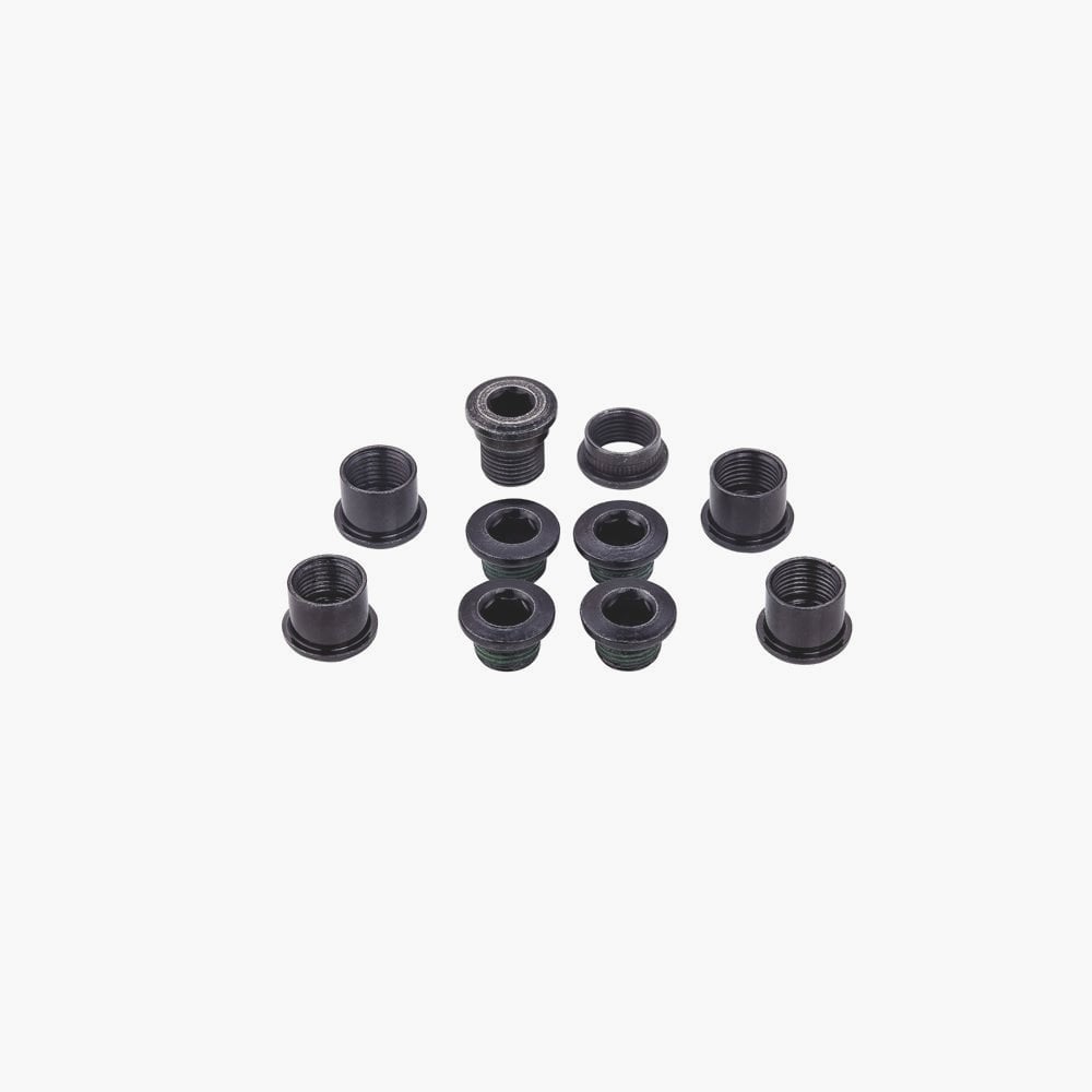 SRAM Red Quarq steel 5-arm chainring bolt kit with hidden black bolts for bicycle component upgrade.