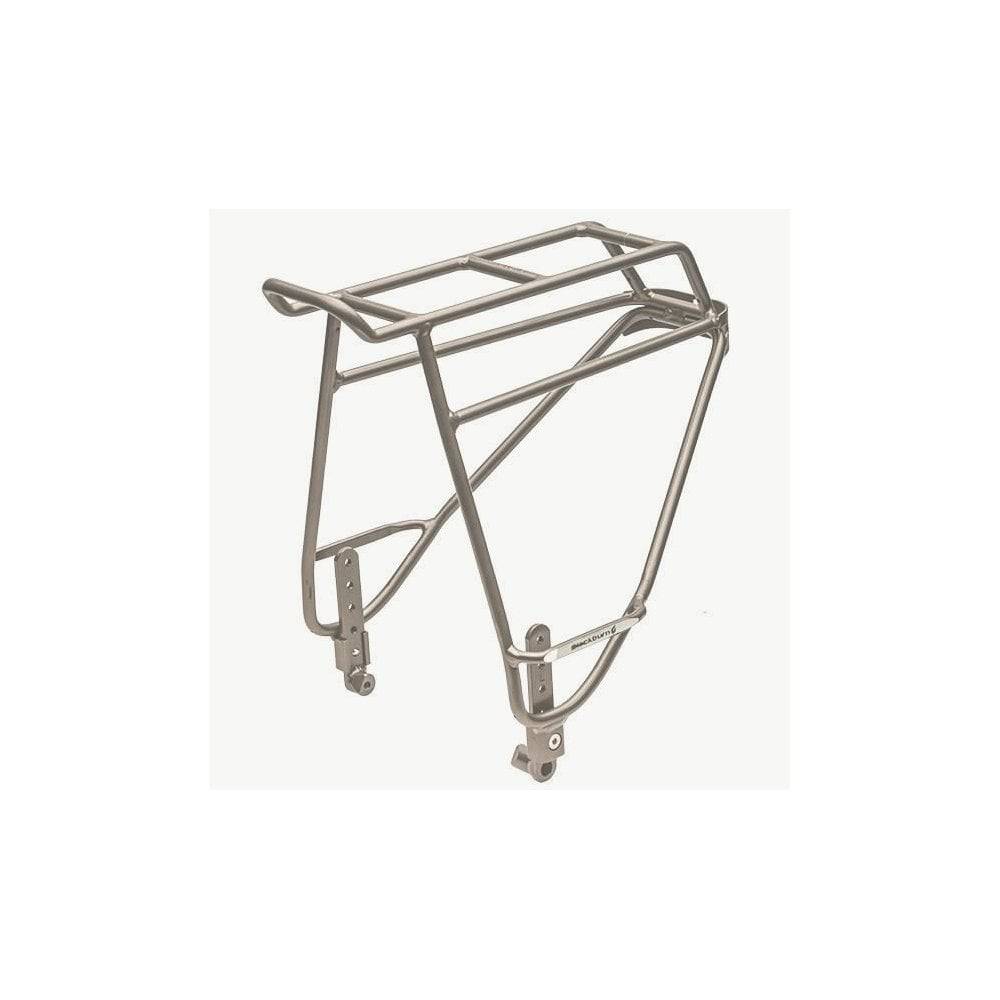 Blackburn Outpost Rear Bike Rack V2 mounted on a bicycle with 26", 700c, and 29" wheels, showcasing adjustable design and sturdy construction.