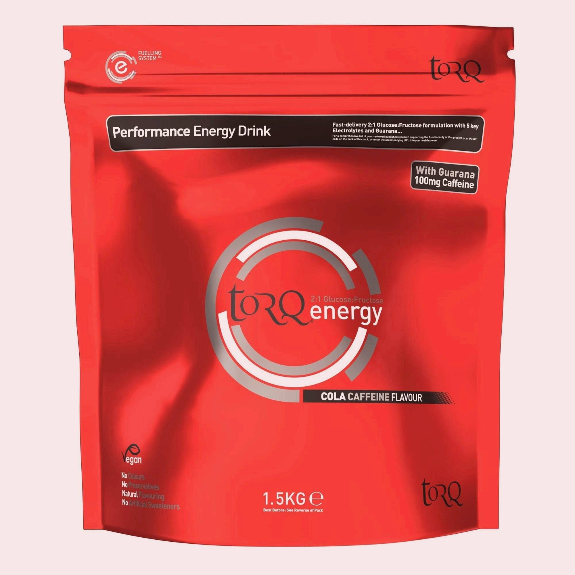 TORQ Energy caffeine drink powder with electrolytes and natural guarana, shown in a scoop and packaging.