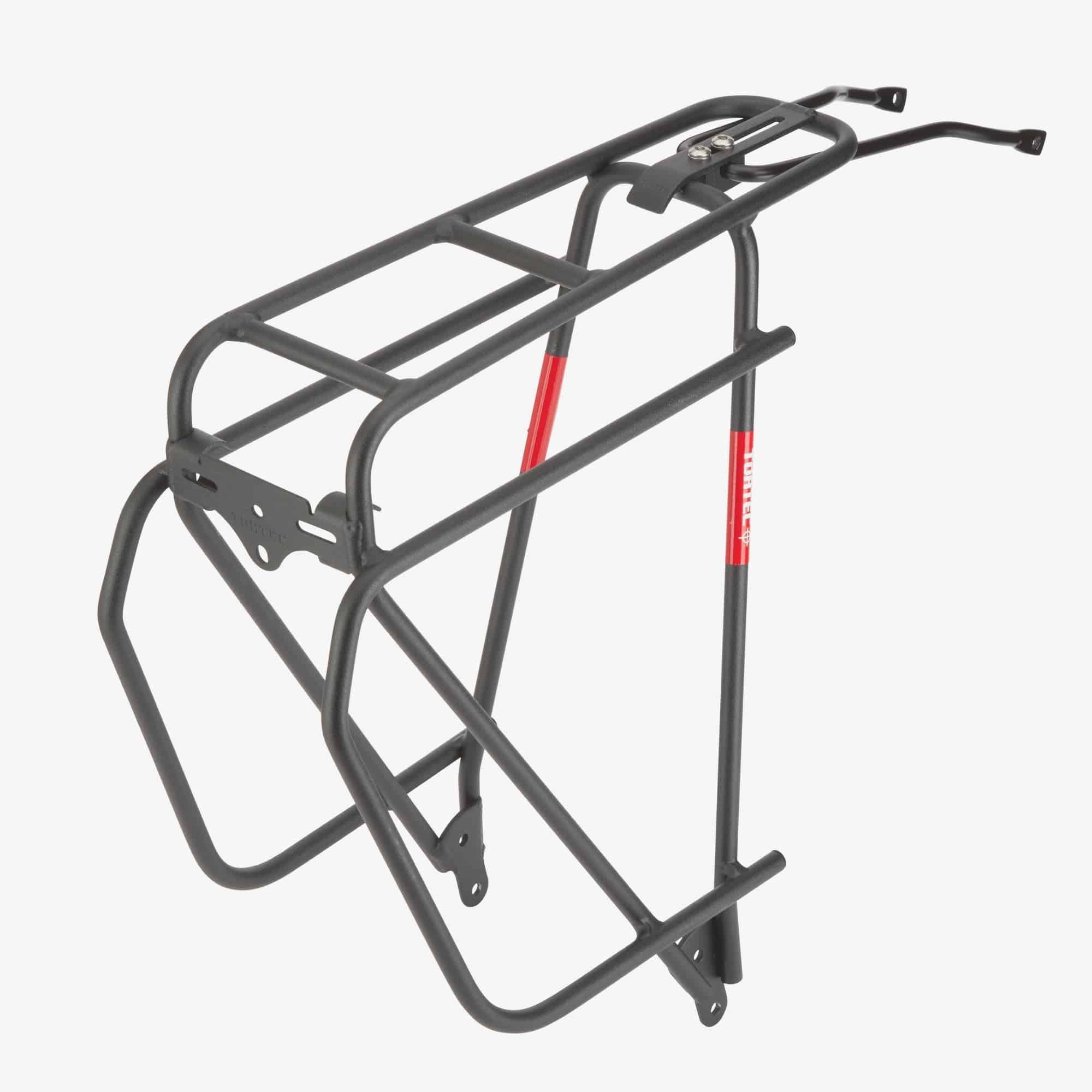 Tortec Epic Alloy Rear Bike Rack in black with disc brake mount kit for 26-700C bikes, durable cycling accessories