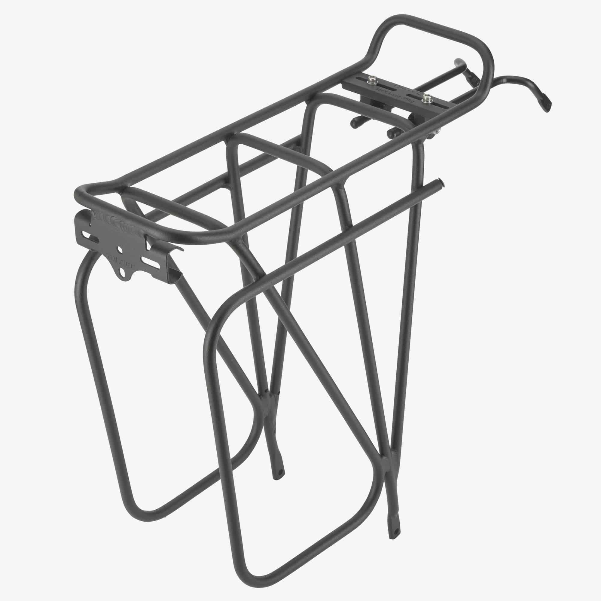 Tortec Expedition rear bike rack in black with pannier rail and light mount for 26-700C wheels on a bicycle.