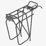 Tortec Expedition rear bike rack in black with pannier rail and light mount for 26-700C wheels on a bicycle.