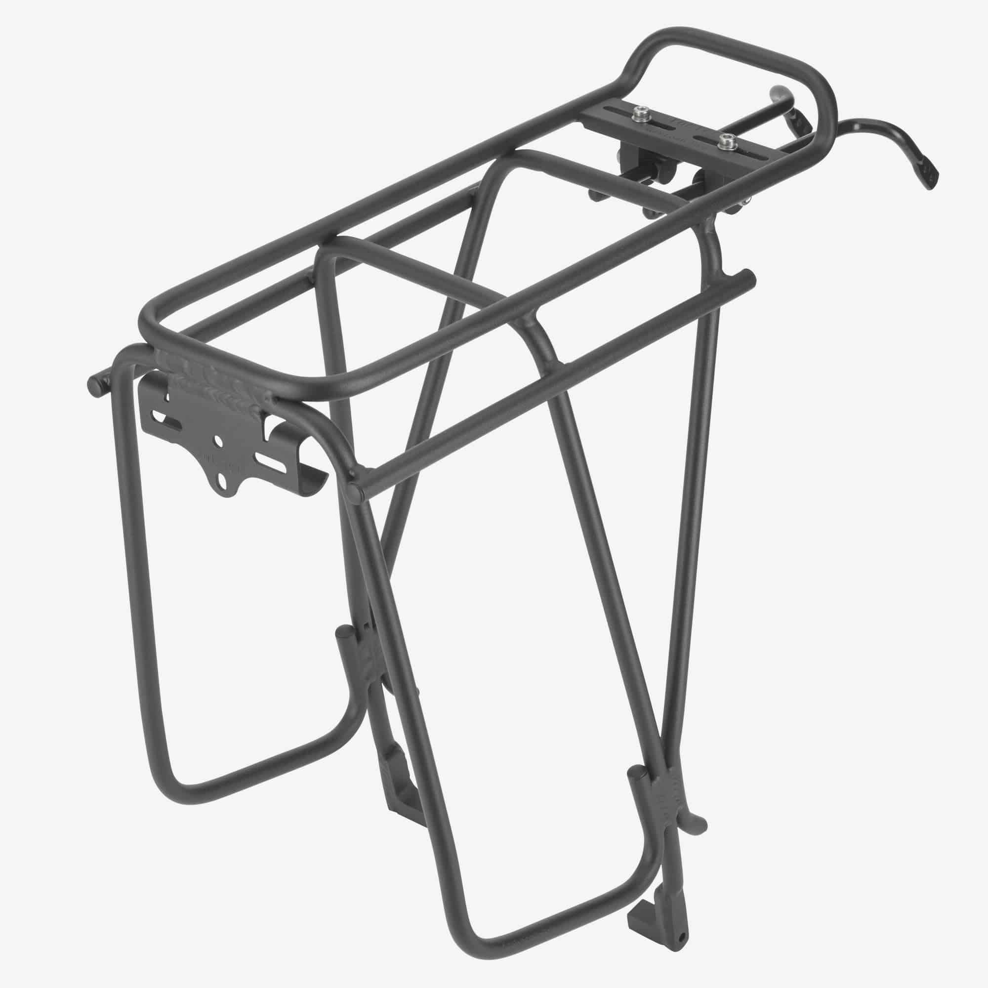Tortec Transalp rear disc rack for 26-inch and 700C bikes, black alloy touring rack attached to a bicycle.