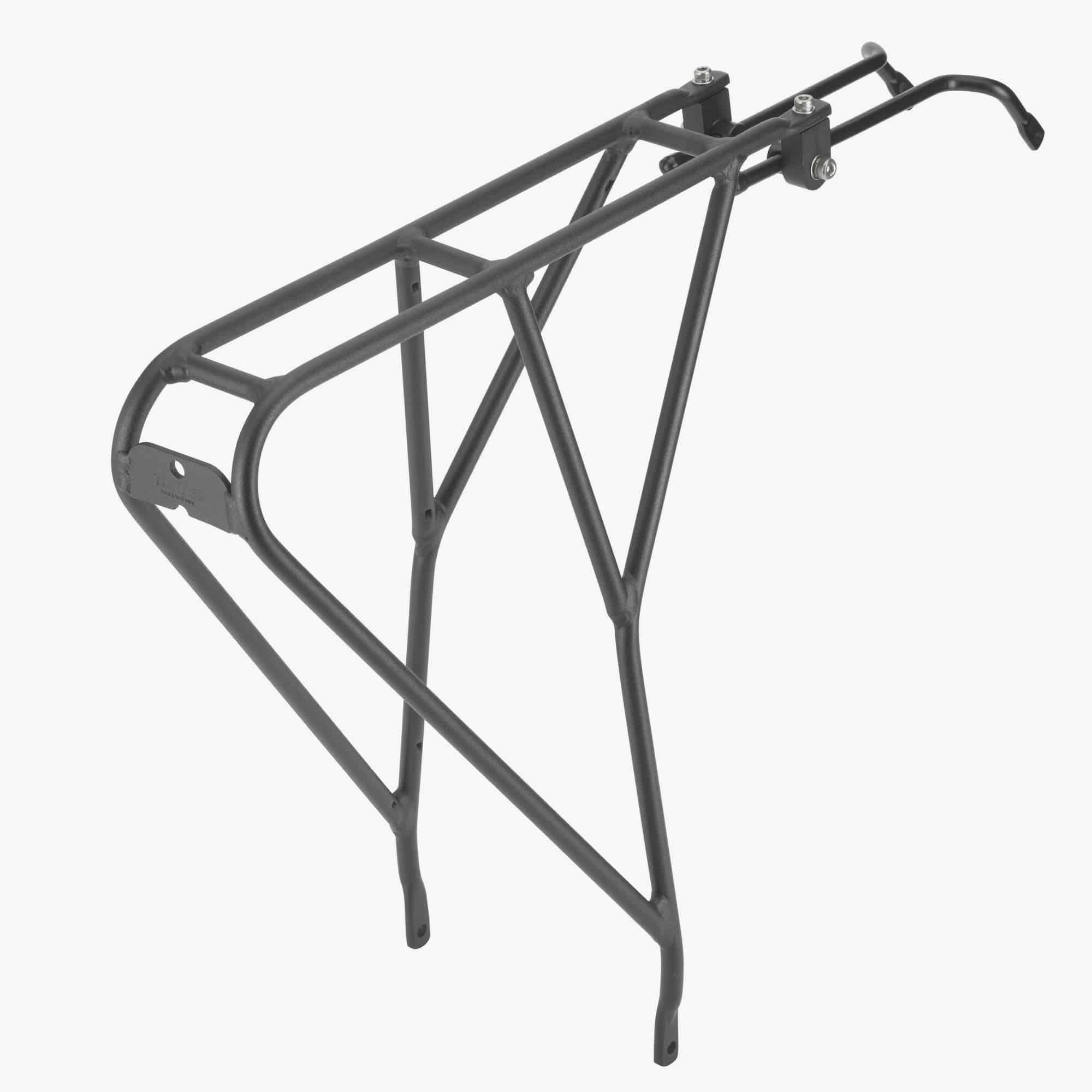 Tortec Velocity Hybrid Rear Rack in black mounted on a 26-700C touring or hybrid bike for carrying gear and accessories.