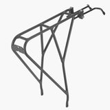 Tortec Velocity Hybrid Rear Rack in black mounted on a 26-700C touring or hybrid bike for carrying gear and accessories.