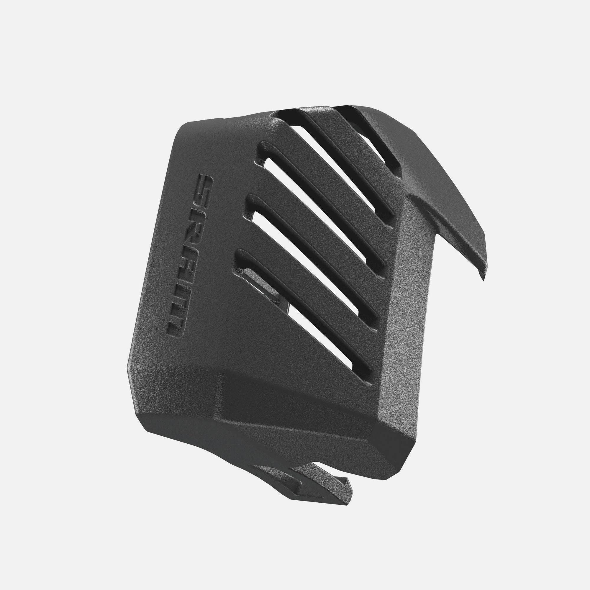 SRAM Eagle AXS rear derailleur battery cover protective guard for mountain biking components, black plastic, close-up view