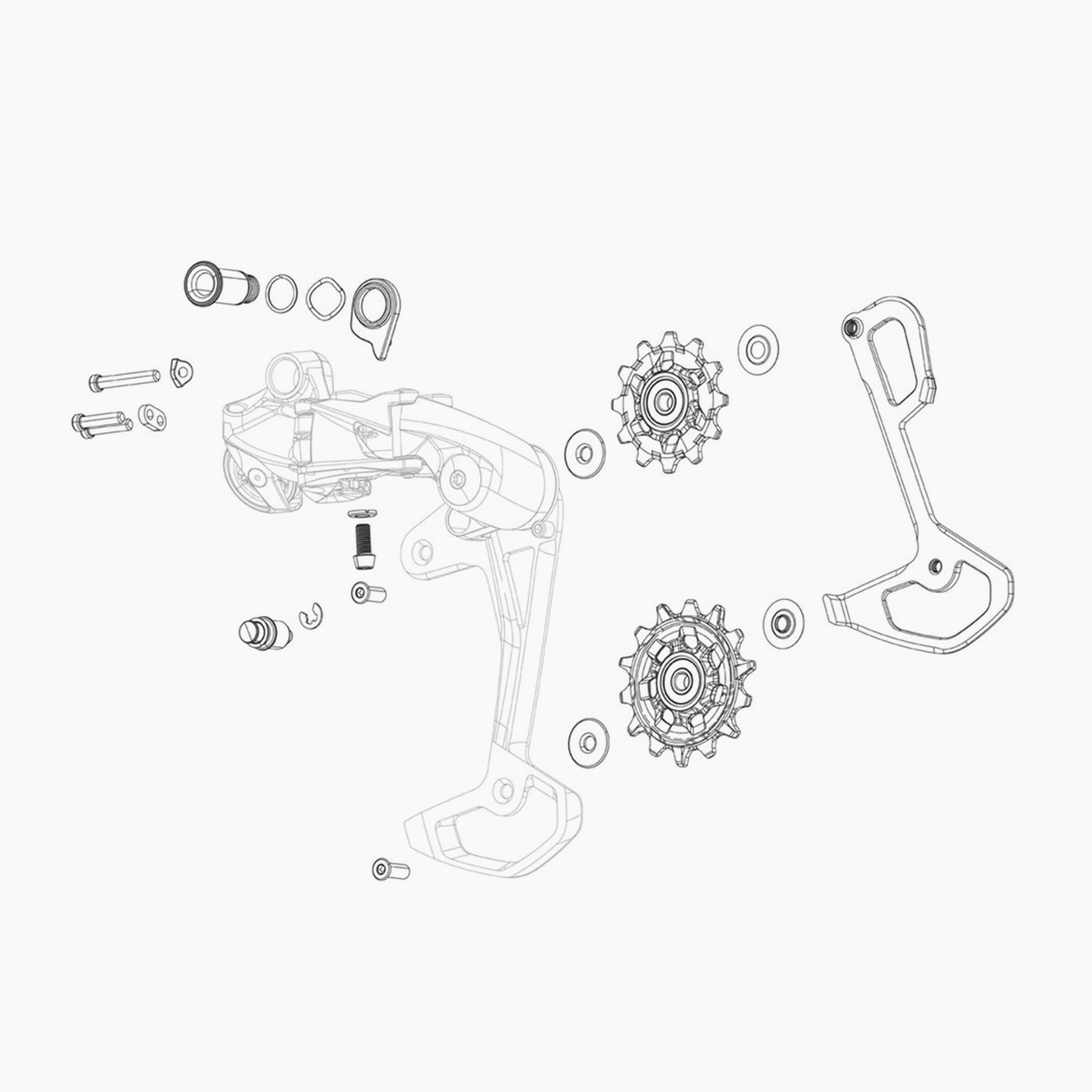 Black SRAM rear derailleur inner cage for SX, NX Eagle, and GX Eagle AXS with screws, designed for mountain bike components.