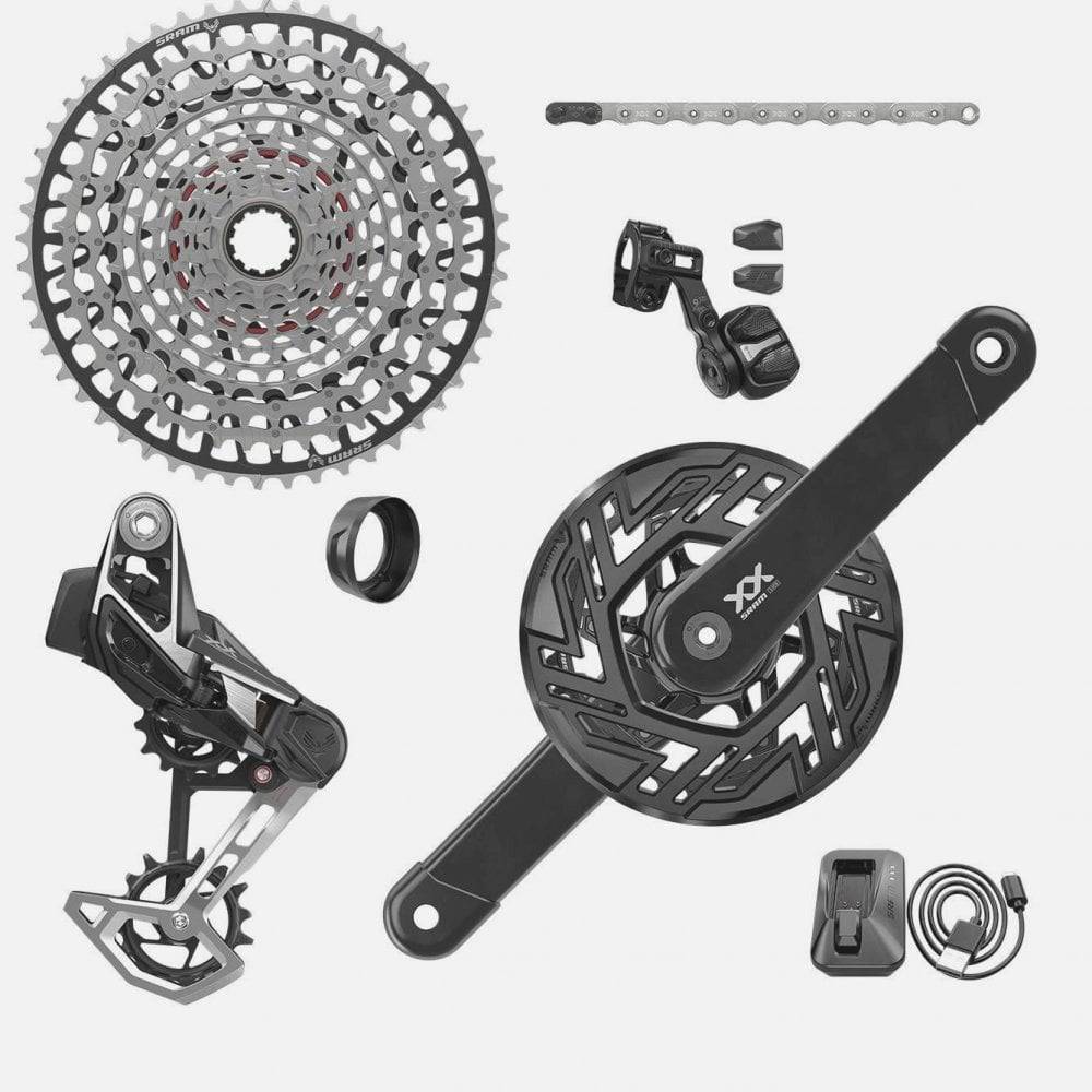 SRAM XX T-Type Eagle E-MTB Bosch Transmission AXS groupset with 10-52T cassette, battery, and charger for electric mountain bikes