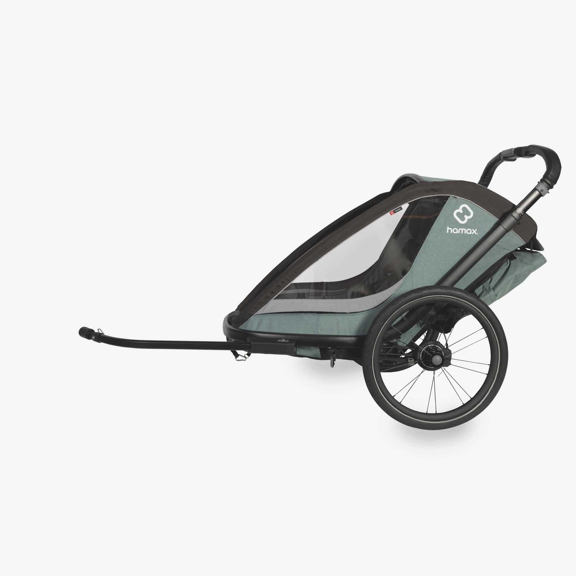 Hamax Cocoon child bike trailer and stroller accessory with a compact design, suitable for jogging and carrying children.