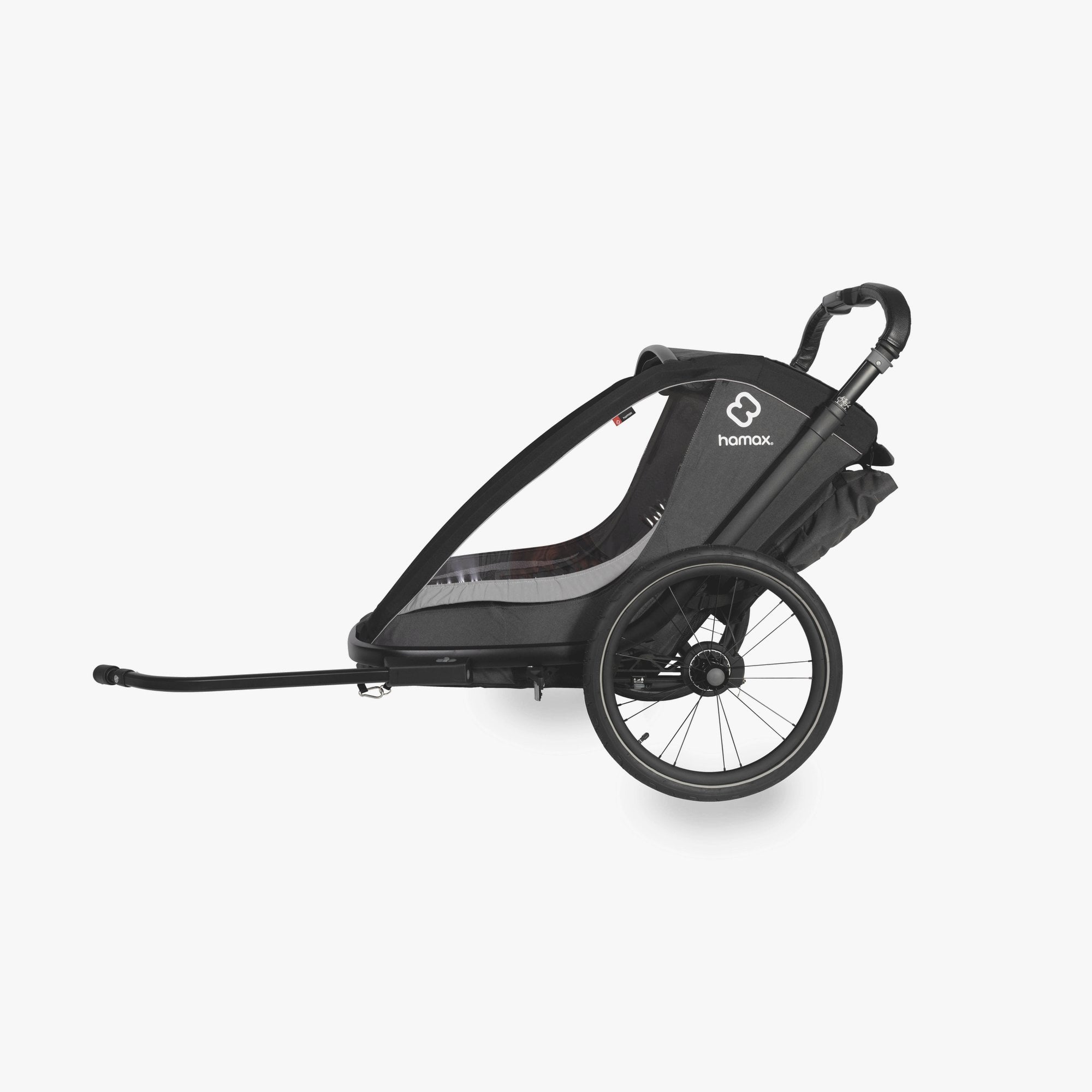 Hamax Cocoon child bike trailer, multi-use stroller and jogger accessory with a compact design and safety features for kids.