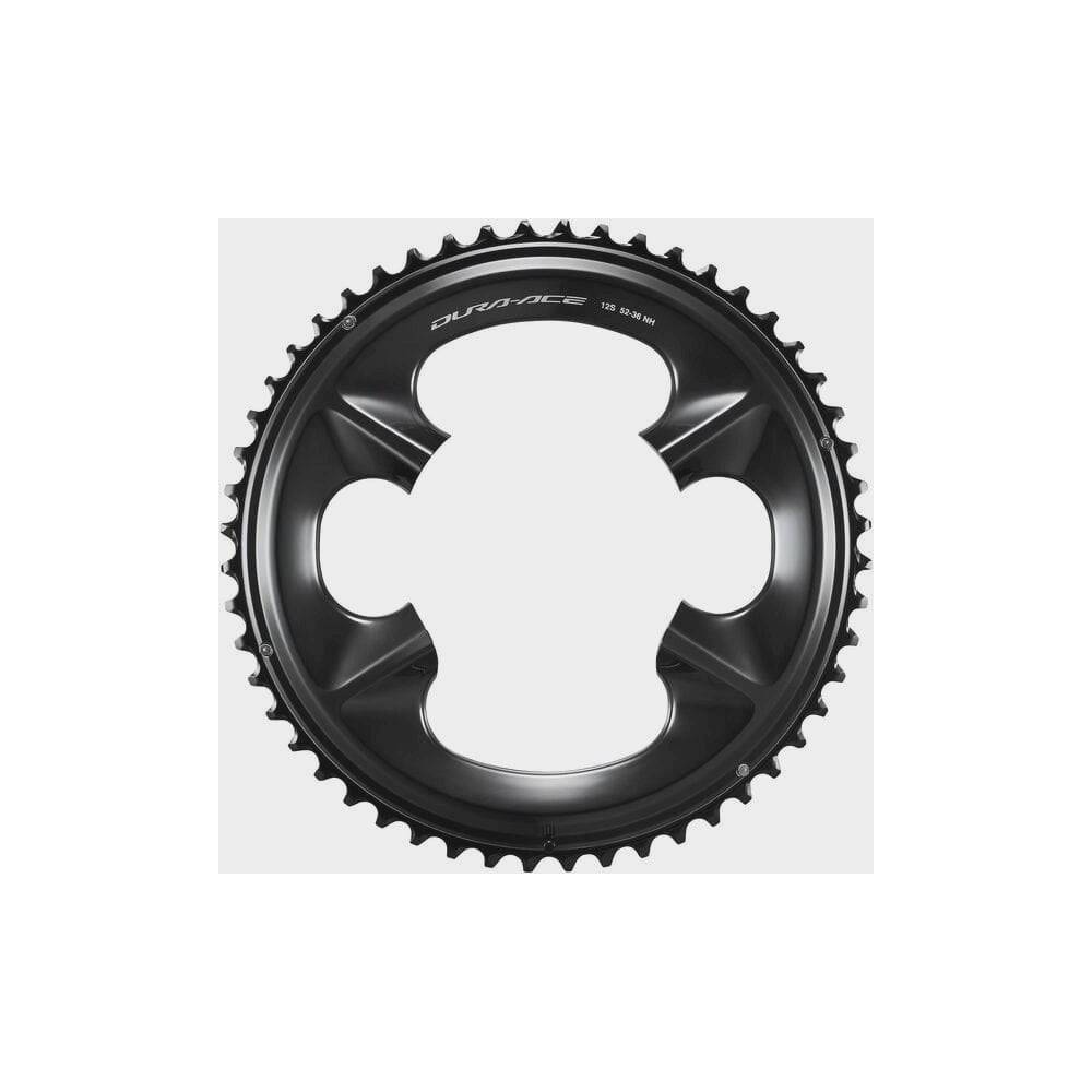 Shimano Dura-Ace FC-R9200 12-speed 52T outer chainring for 52/36T crankset, showcasing the polished metal teeth and branding.