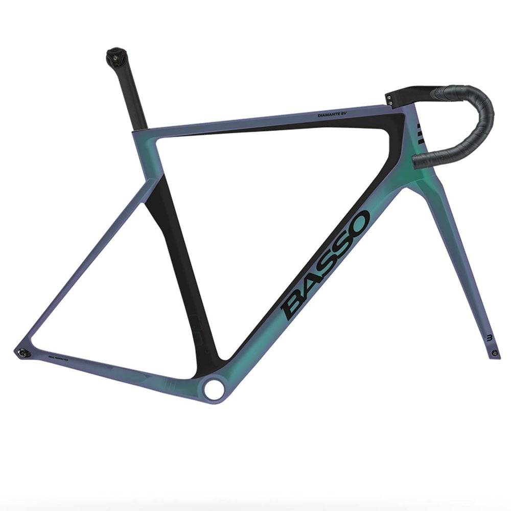 Basso Diamante SV Disc Road Frameset Aurora, aerodynamic carbon bike frame with sleek design and disc brake compatibility.