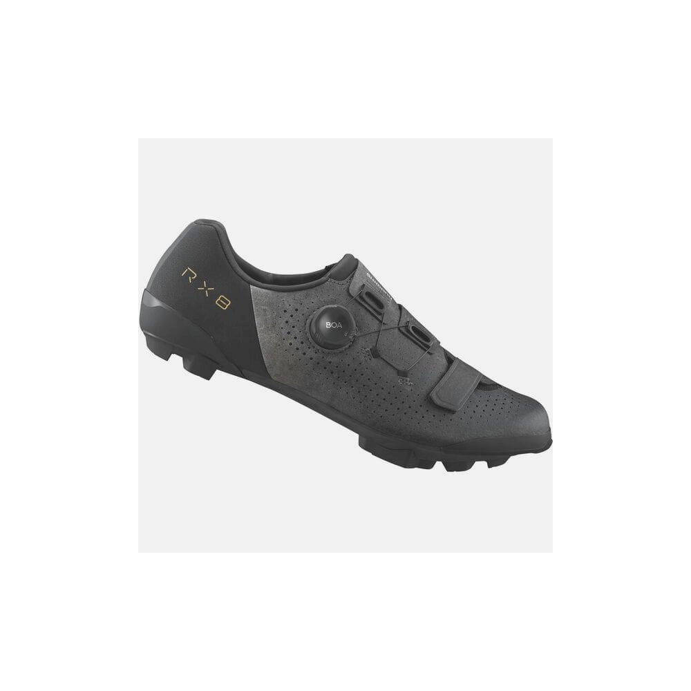 Shimano RX8 gravel shoes with BOA Li2 dial and carbon sole, featuring durable synthetic upper and cleat compatibility.