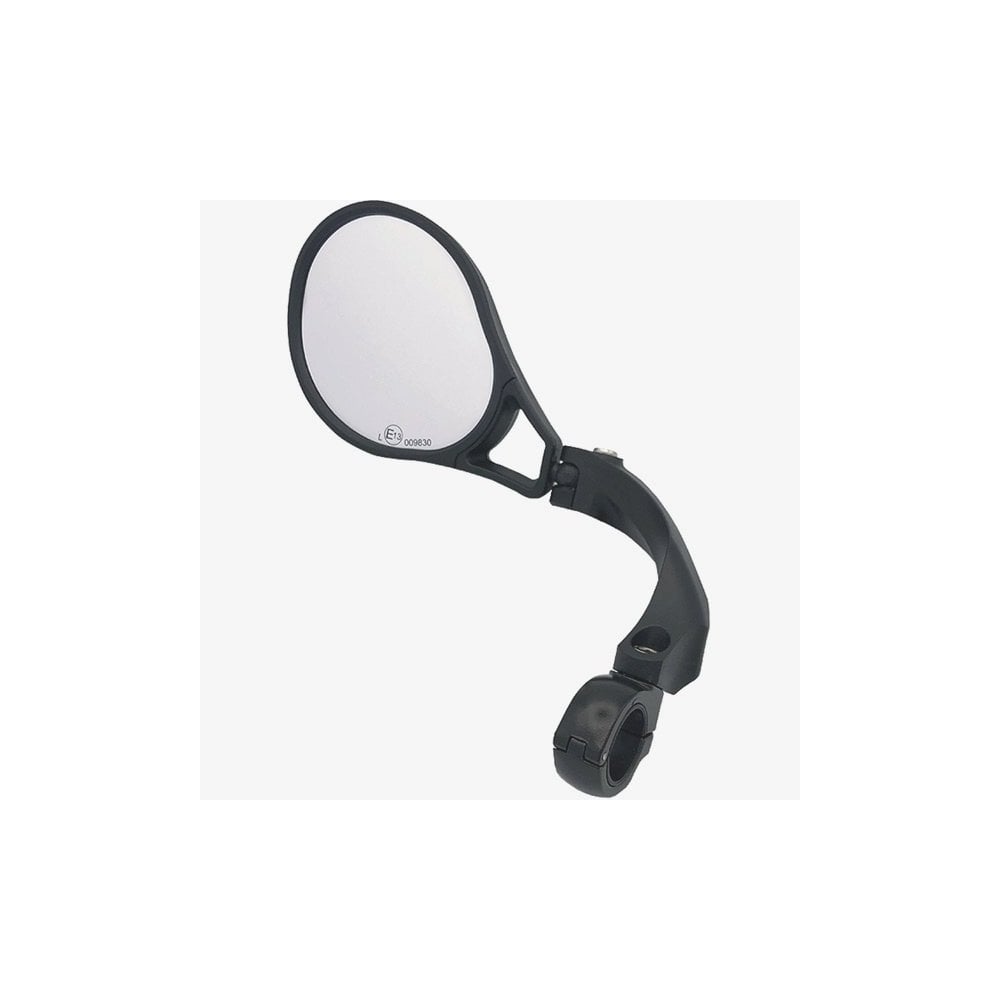 M Part E13 approved adjustable left handlebar mirror for E-bike, designed for flat handlebars, showcasing a sleek, compact bike accessory.
