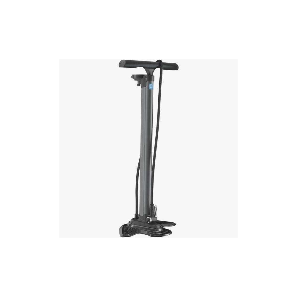 PRO Team tubeless floor pump with built-in compressor for road and mountain bike tires, featuring a sturdy handle and digital gauge.
