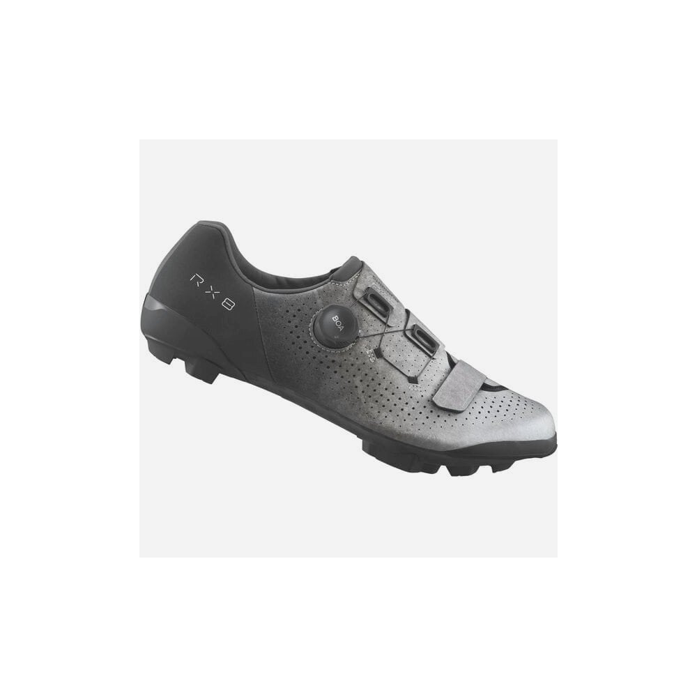 Shimano RX8 gravel cycling shoes with BOA Li2 dial closure and carbon sole, designed for durability and performance.