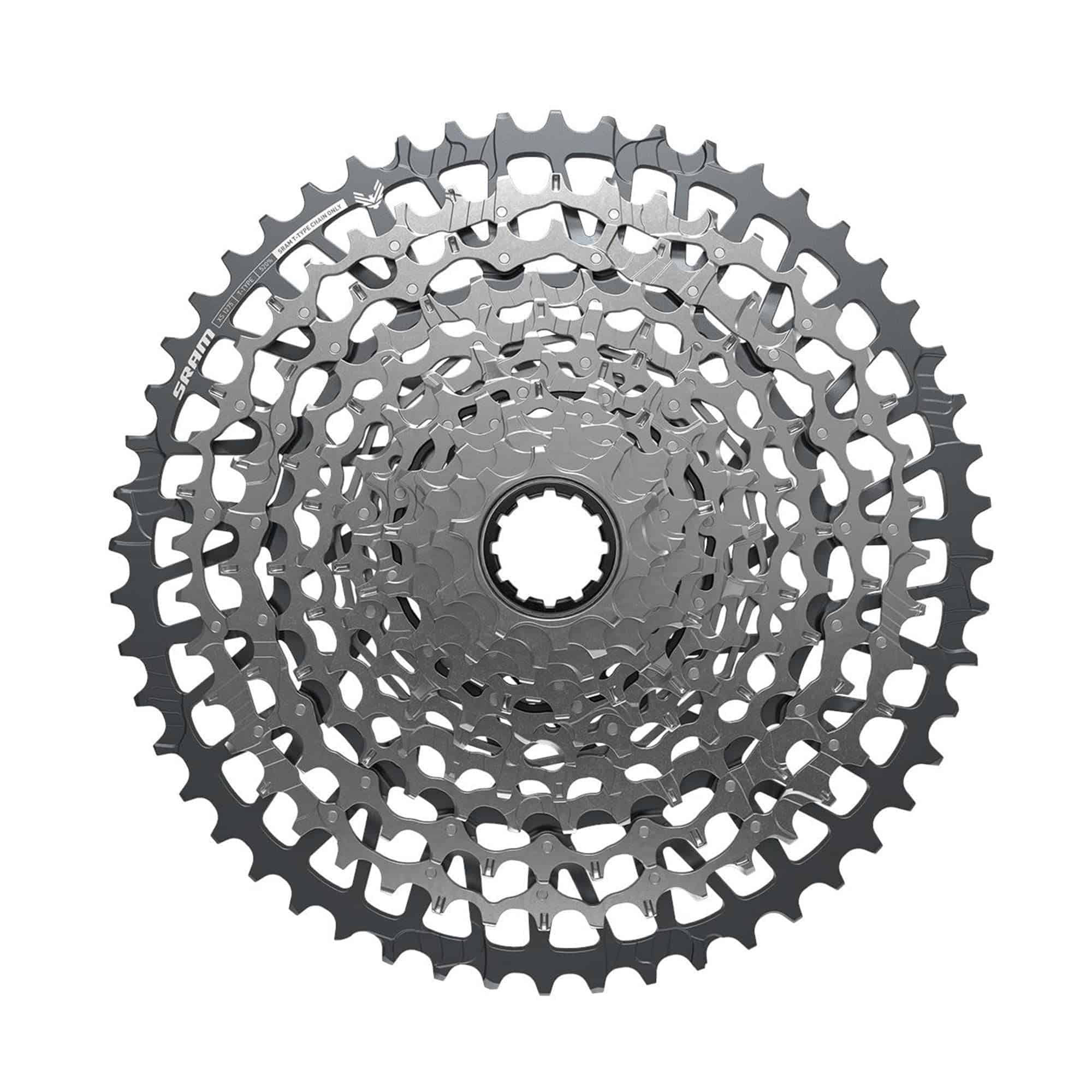 SRAM XS-1275 T-Type Eagle 12-speed mountain bike cassette in silver with 10-52T gear range, high-performance bike component