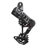SRAM GX T-Type Eagle AXS 12-speed MTB rear derailleur with battery mount, black metal and plastic components, mounted on bike