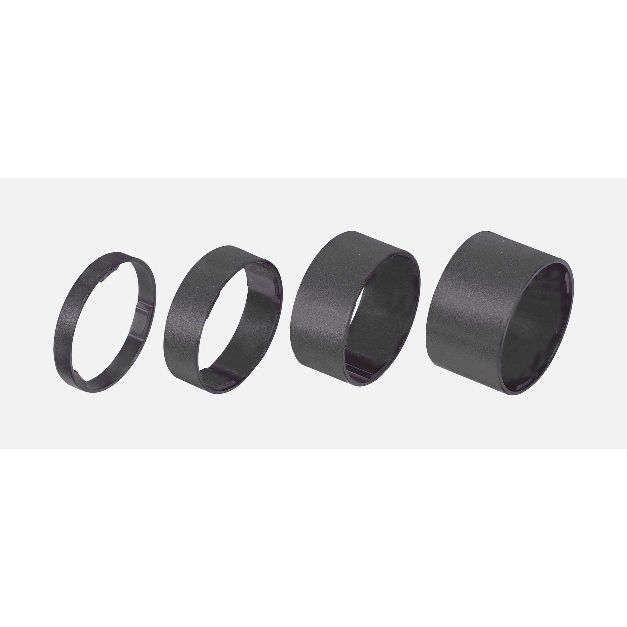 Black aluminum BBB BHP-36 LightSpace 1.1/8 headset spacers set with 5, 10, 15, 20 mm sizes for bike components.