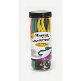 Six Master Lock twin wire bungee cords with plastic storage jar, showing durable stretchy cords with hooks for securing items.