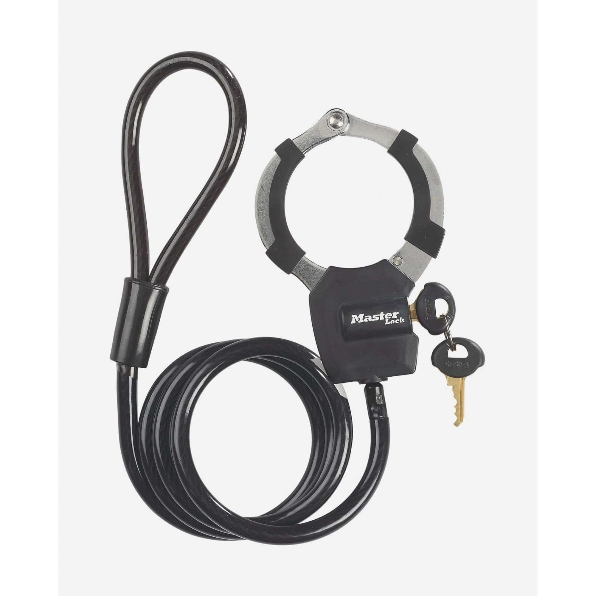 Master Lock street cuff and cable lock, black 8mm x 1m keyed security accessories for bike or equipment security.