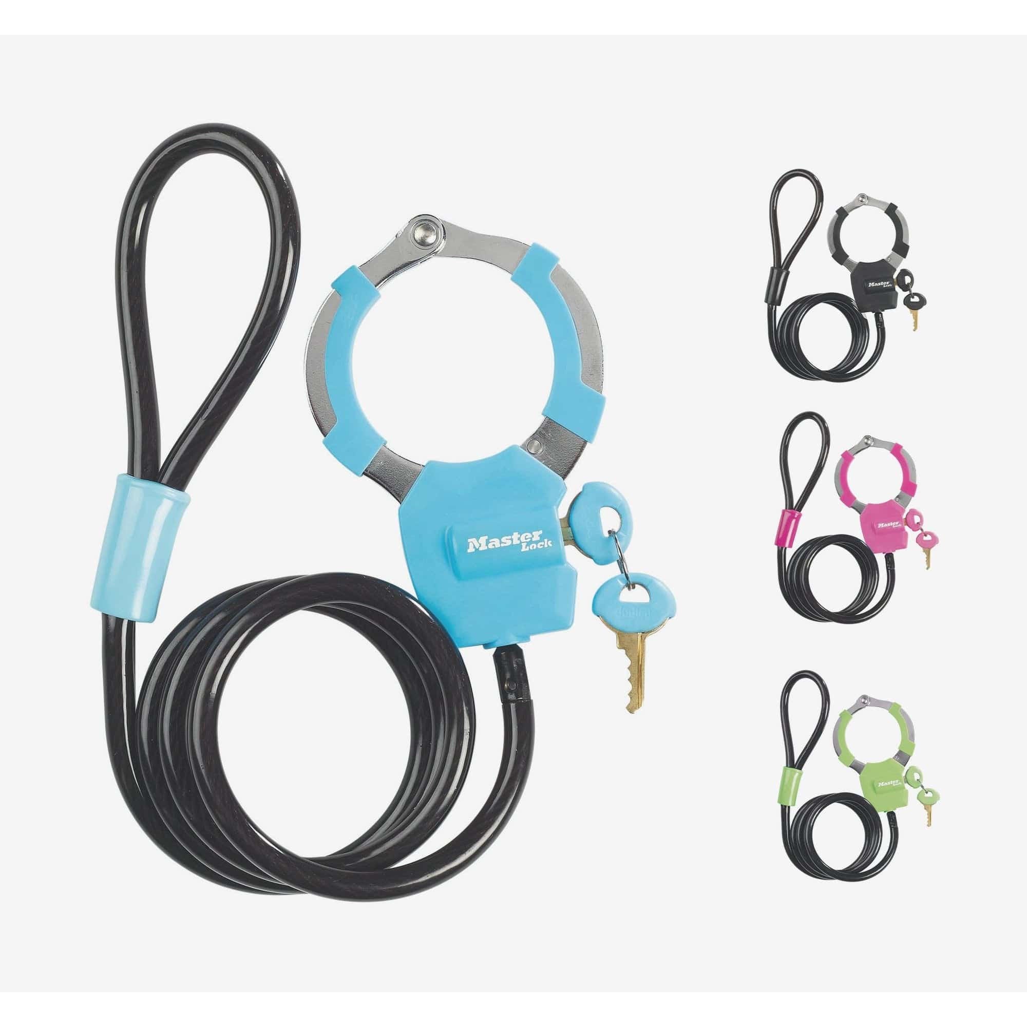 Master Lock 4-pack street cuff locks with 8mm x 1m vinyl-coated cable key locks, durable security accessories.