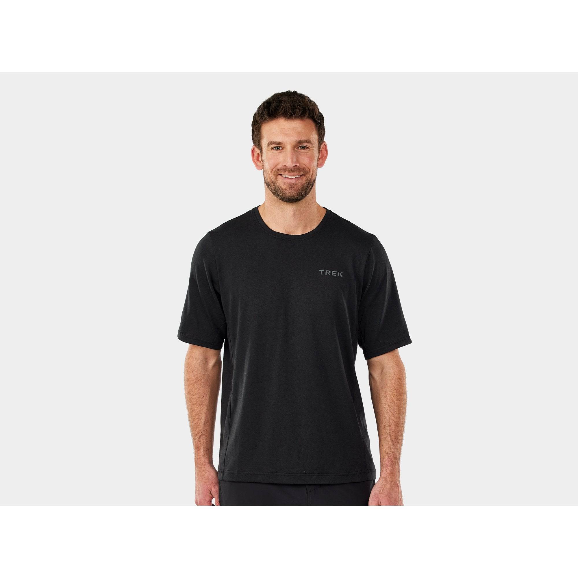 Trek Evoke mountain bike tech tee jersey, unisex breathable MTB clothing shirt, moisture-wicking fabric, casual athletic style