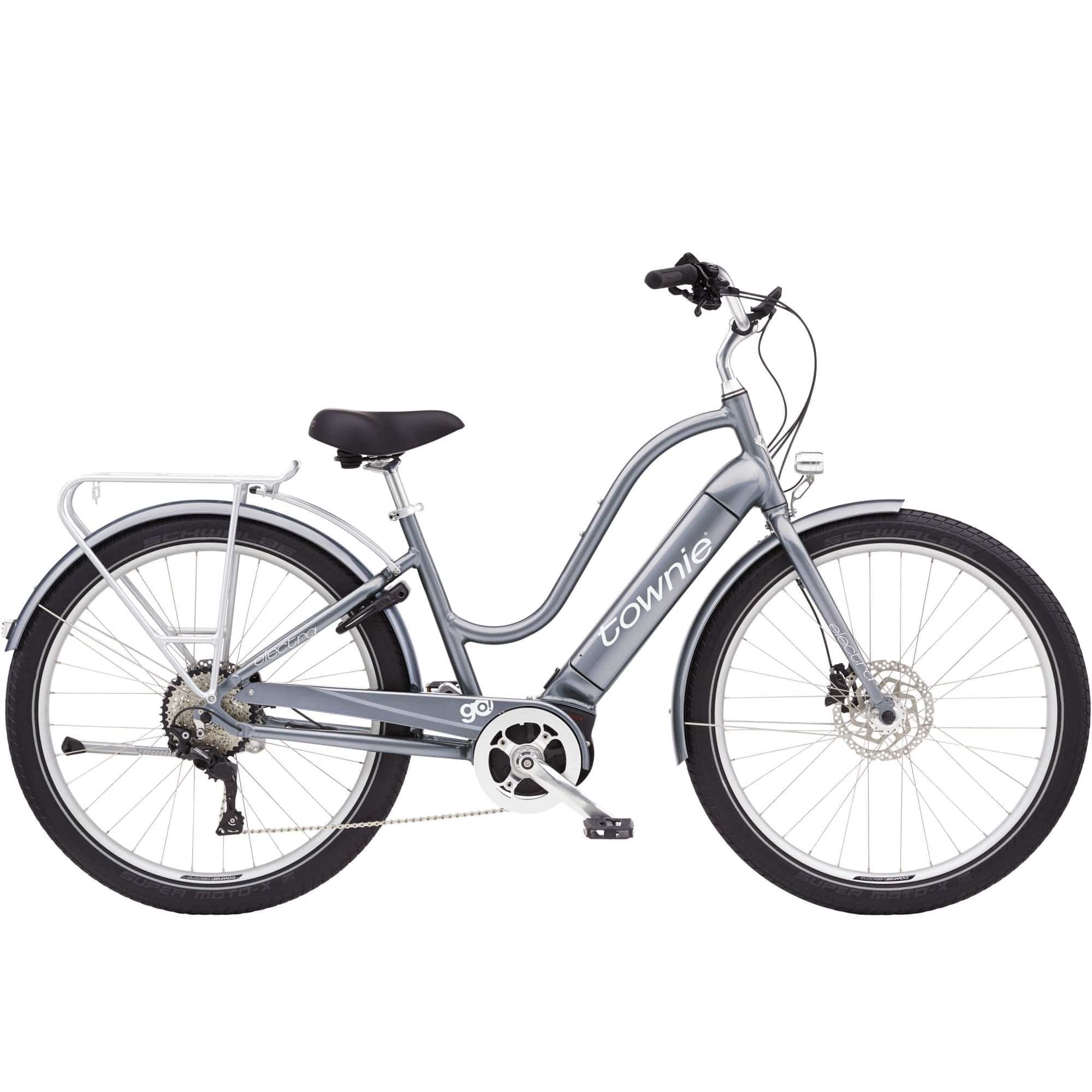 Electra Townie Path Go! 10D EQ e-hybrid bike with Bosch motor, step-thru frame, 27.5-inch puncture-resistant tires, and Shimano gears.