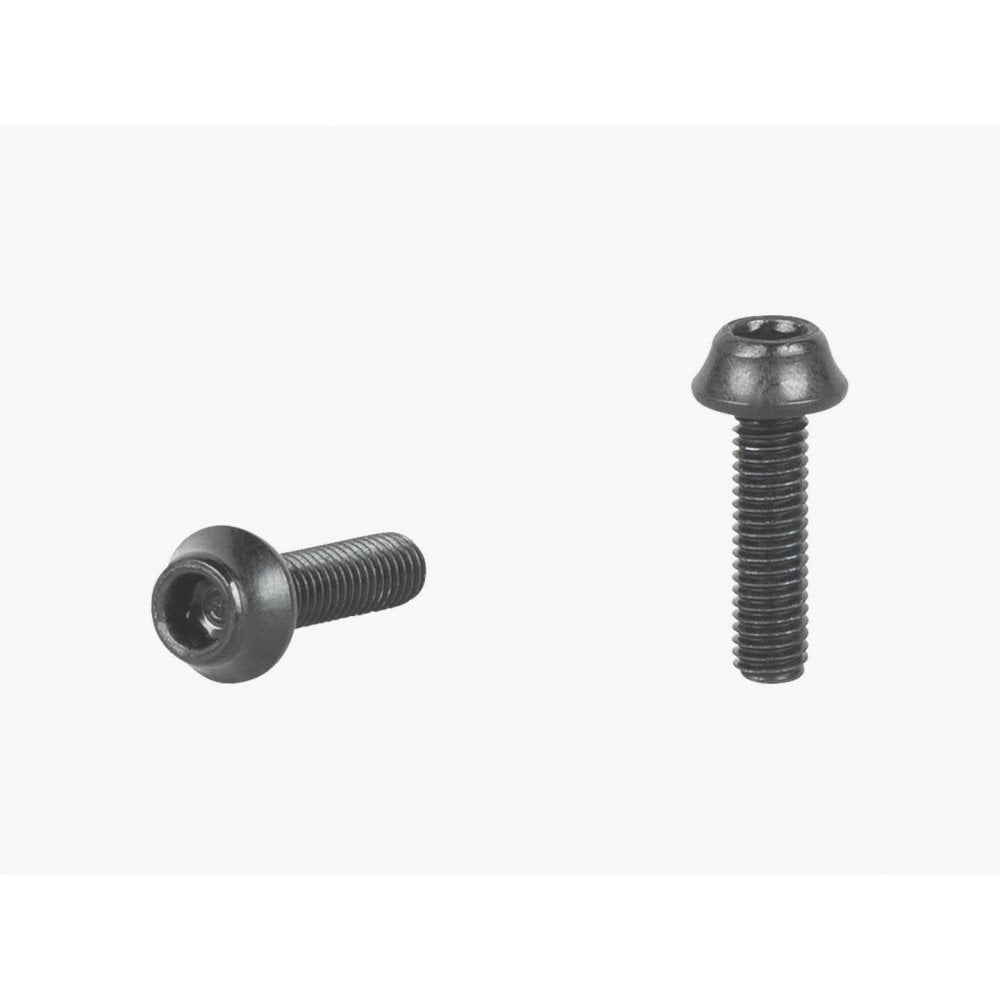 Trek black anodized water bottle bolt fasteners, M5x16mm, two-pack, bicycle frame components with threaded design and durable finish.