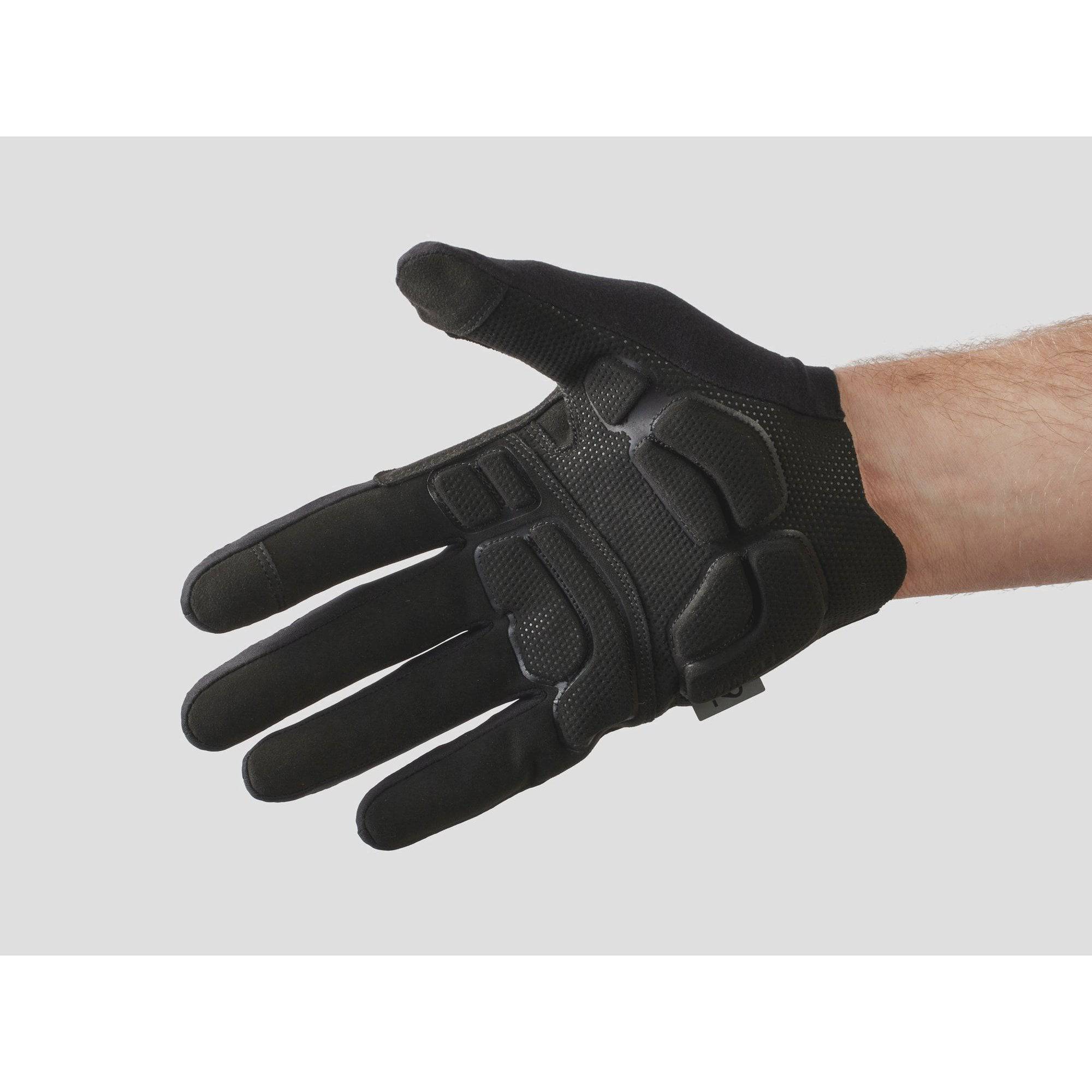 Trek Circuit unisex cycling gloves with full fingers and twin gel padding for comfort, shown on a cyclist's hands.