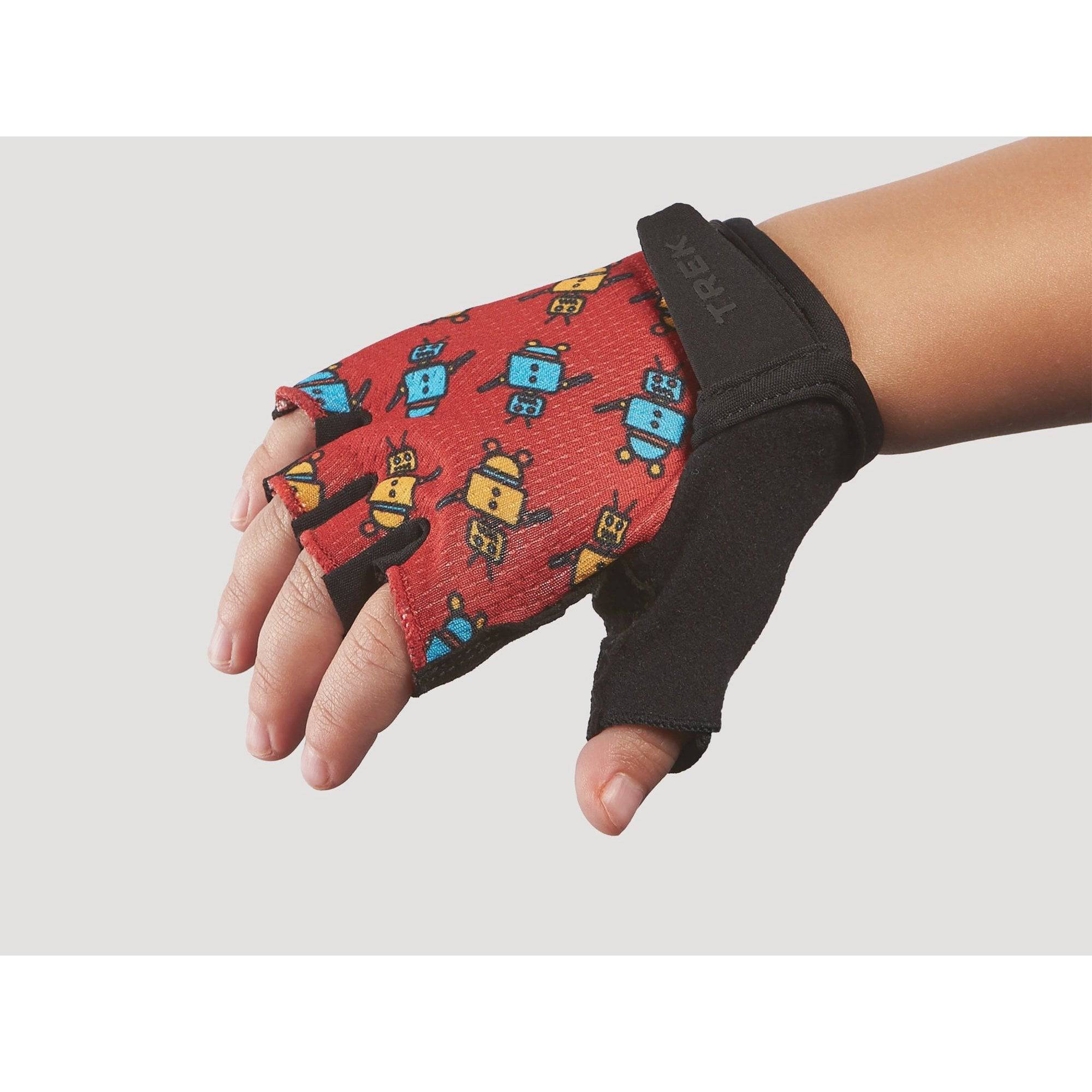 Trek Kids™ unisex bike gloves showing breathable fabric, padded palms, and adjustable wrist straps for kids' cycling comfort.