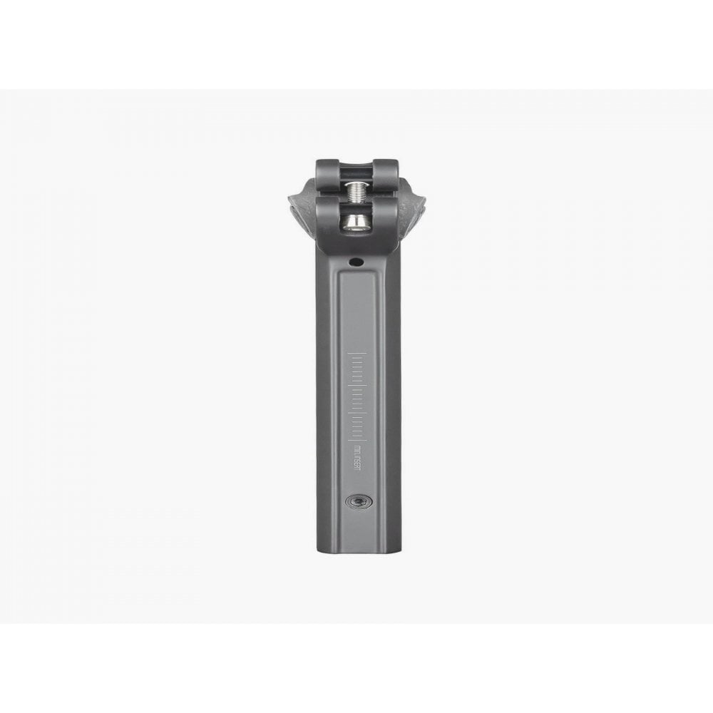 Trek Domane+ HP matte black adjustable bike seatpost, close-up view showing sleek design and mounting clamp for road bike components.