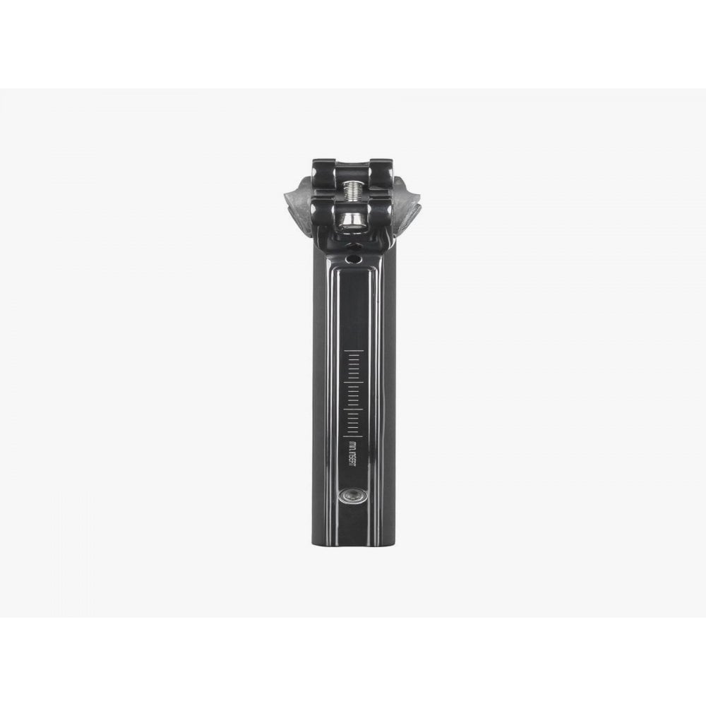 Trek Domane+ HP matte black adjustable bike seatpost mounted on road bike component for comfortable riding.