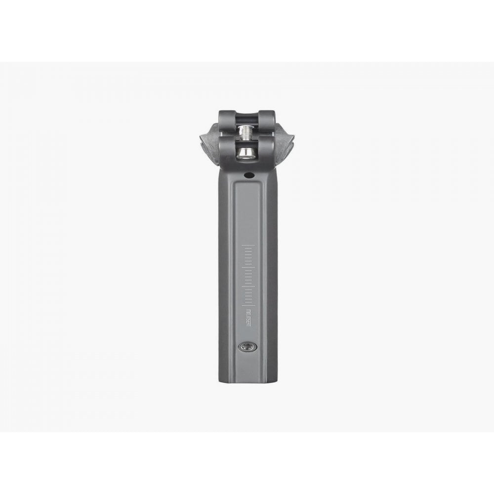Trek Domane+ HP matte black adjustable bike seatpost, close-up of lightweight components with quick-release clamp and sleek finish.