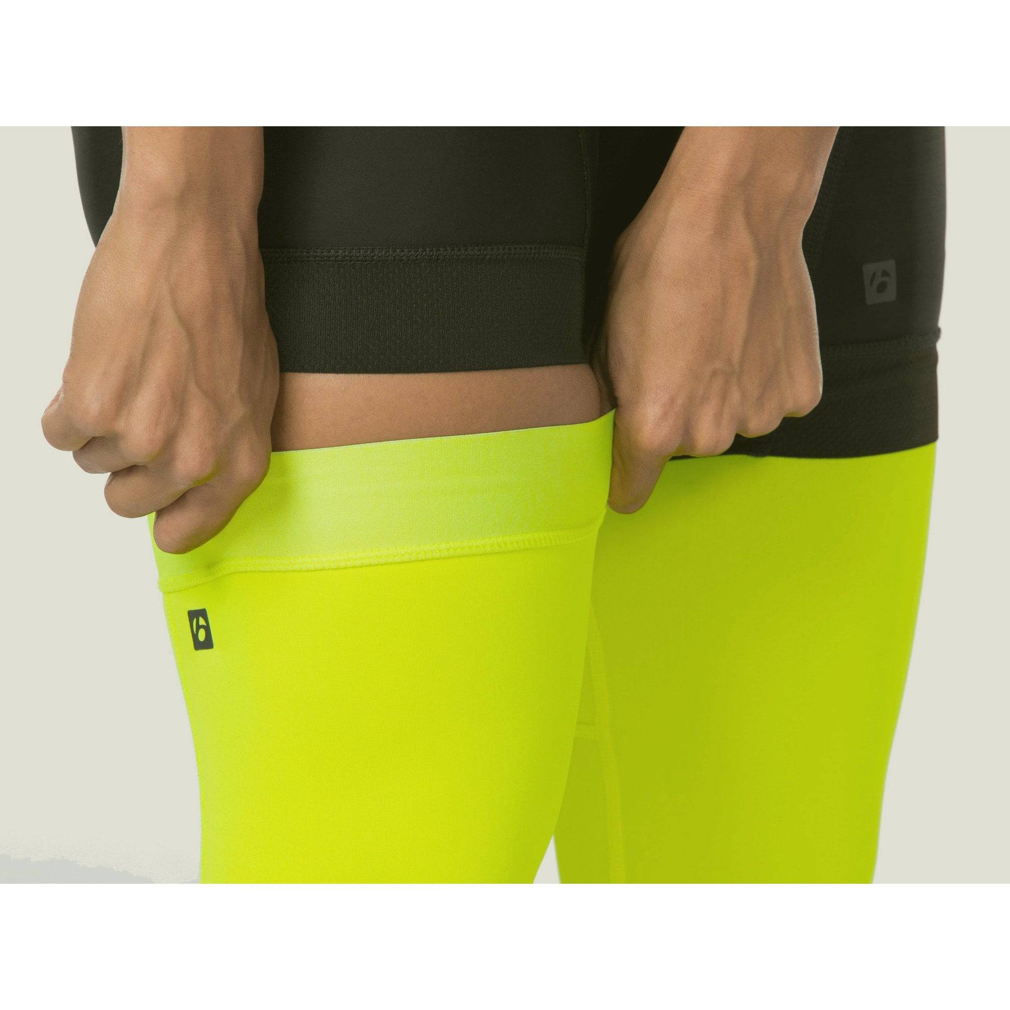 Bontrager thermal cycling knee warmers showing breathable, moisture-wicking fabric designed for cold weather rides.